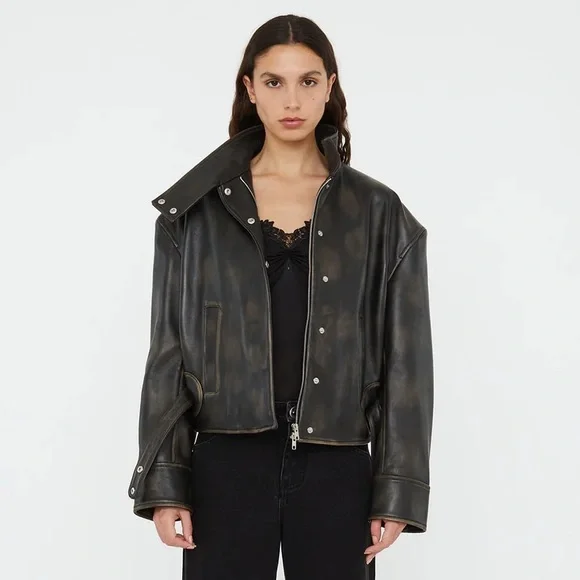 NWT Christopher Esber Eddie Burnished Leather Funnel Neck Leather Jacket Black - Picture 8 of 16